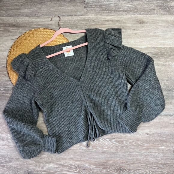 Anthropologie daily practice gray ruffled knit sweater women’s size‎ L - Picture 2 of 8